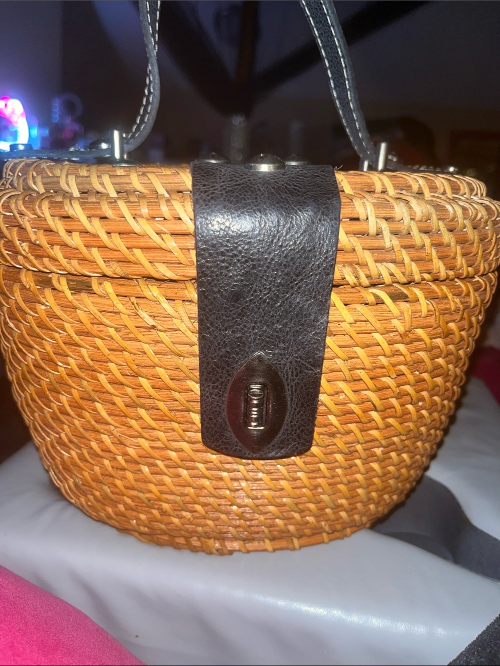 Patricia Nash Woven Mini Basket Bag in Tan with Black Trim